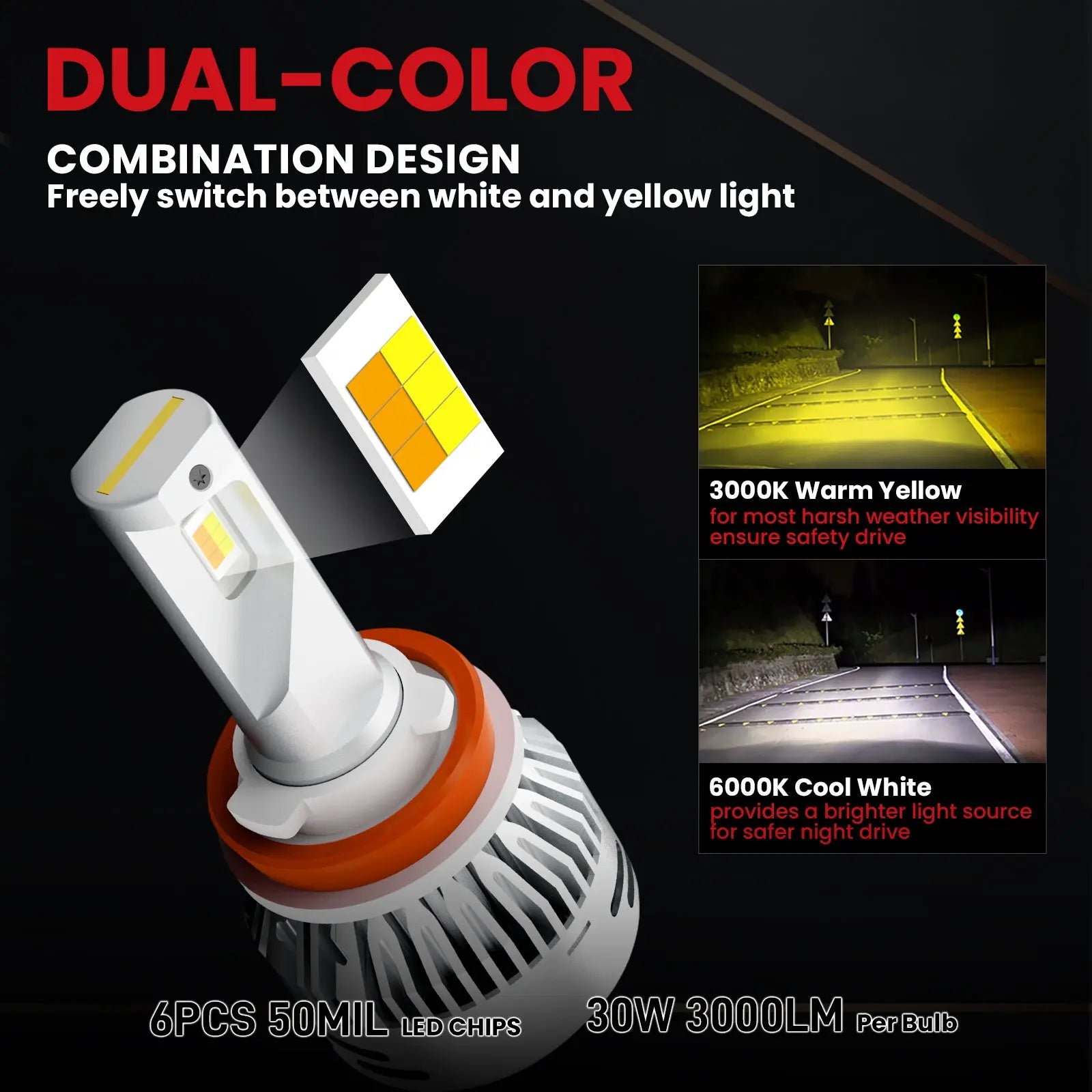 Lasfit 60W H11 H8 H9 LD plus Series | 6,000LM 6000K/3000K LED Bulbs